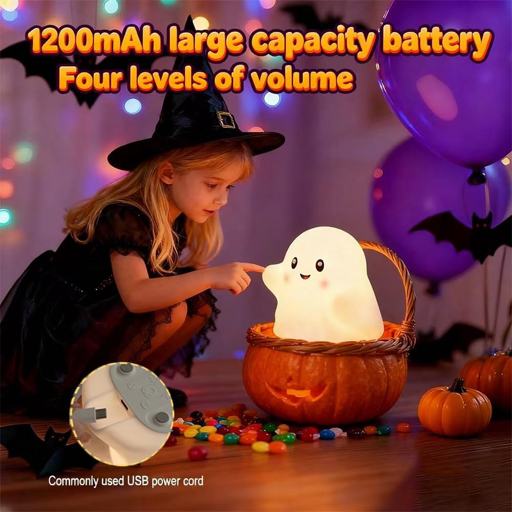 Ghost Night Light for Kids, Silicone Nursery Nightlight with 13 Interactive Sound Effects ,Halloween Decor Lamp Adjustable Dimmable Lamp with Touch Sensor Children's Christmas Gifts (white ghost)