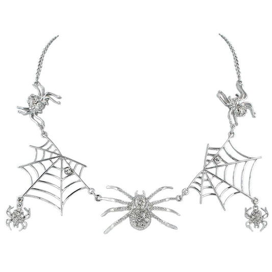 EVER FAITH Halloween Tarantula Spider Web Necklace Clear Austrian Crystal Silver-Tone