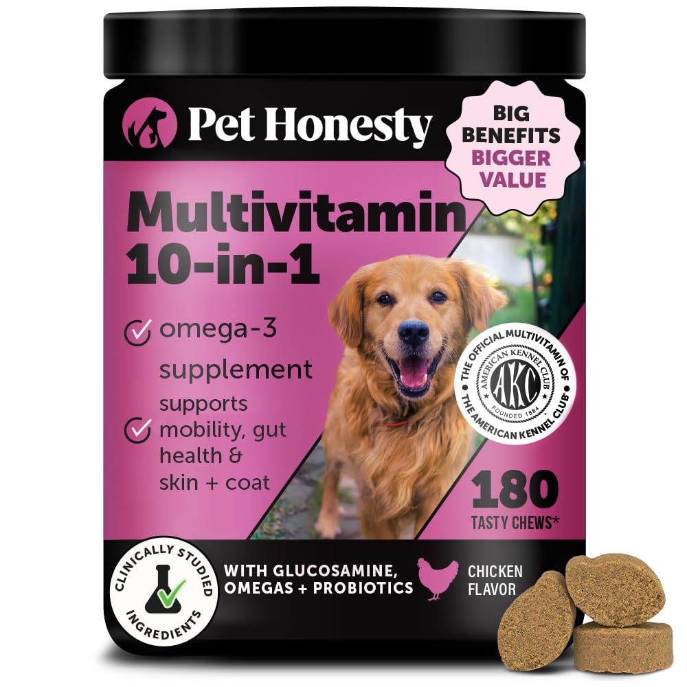Dog Multivitamin - 10 in 1 Dog Vitamins for Health & Heart - Omega Fish Oil, Glucosamine & Probiotics - Dog Vitamins and Supplements for Skin and Coat (Chicken 180 ct)