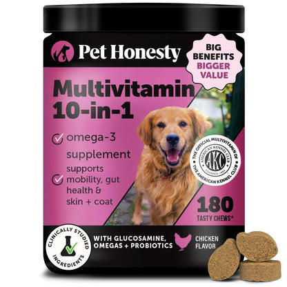 Dog Multivitamin - 10 in 1 Dog Vitamins for Health & Heart - Omega Fish Oil, Glucosamine & Probiotics - Dog Vitamins and Supplements for Skin and Coat (Chicken 180 ct)
