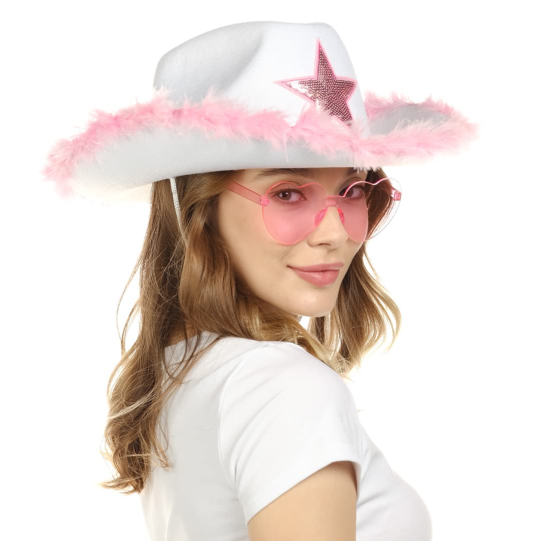 Funcredible White Cowboy Hat and Glasses - Fluffy Cowgirl Hat with Star for Girls - Cowboy Hats with Feathers - Cowgirl Accessories - Halloween Accessories for Women