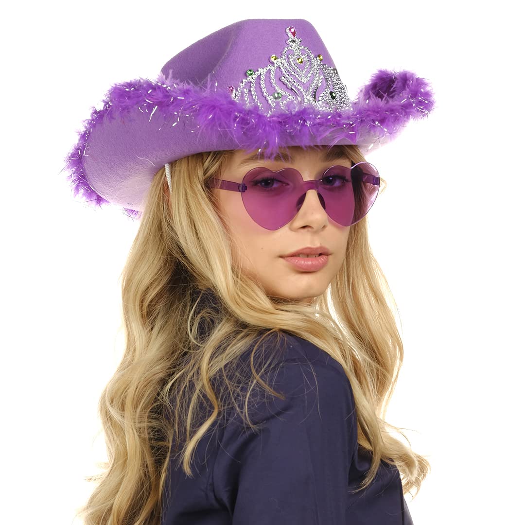 Funcredible Purple Cowboy Hat and Glasses - Preppy Cowgirl Hat with Tiara - Cowboy Hats with Feathers - Hannah Costume - Cowgirl Costume Accessories for Women and Girls