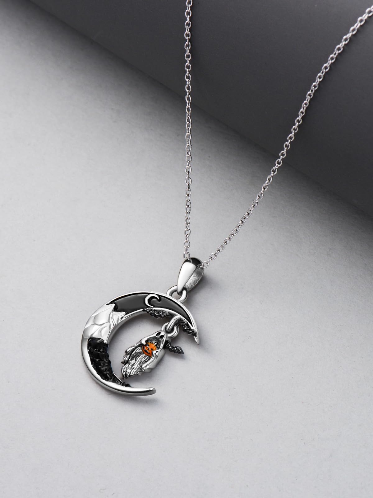 Flpruy Halloween Ghost Necklace 925 Sterling Silver Black Crescent Moon Bat with Pumpkin Pendant Halloween Goth Jewelry Gifts for Women