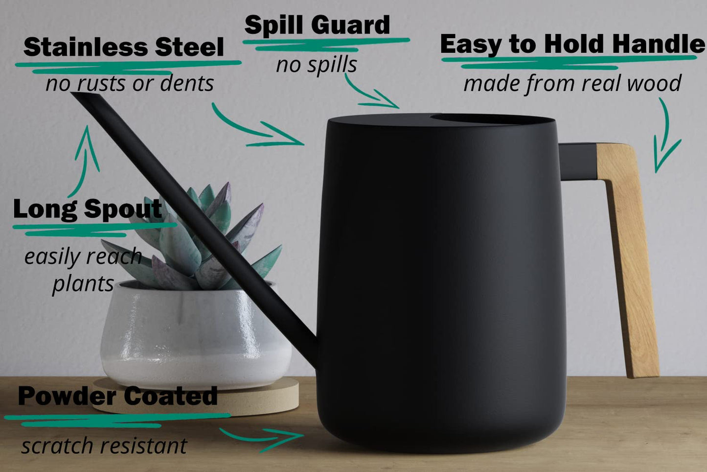 35 Ounce Metal Small Indoor Watering Can with Long Spout & Real Wood Handle for House Plants, Succulents, Cacti & Seedlings - Black Long Spout Watering Can Indoor Plants - Gentle Flow & No Spills