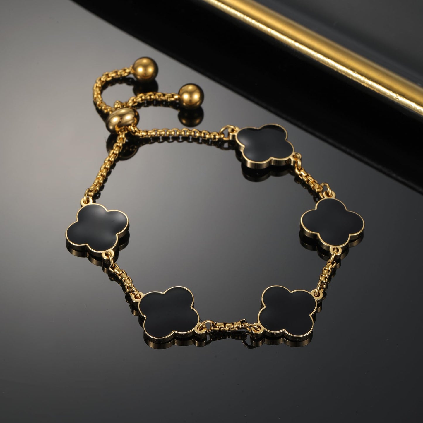 Dascus 18K Gold Plated Clover Lucky Bracelet for Women White/Black/Gold Flower Four Leaf Link Bracelets Trendy Jewelry Gifts for Women (Black)