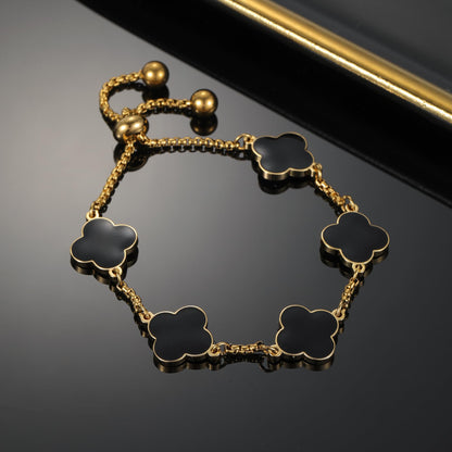 Dascus 18K Gold Plated Clover Lucky Bracelet for Women White/Black/Gold Flower Four Leaf Link Bracelets Trendy Jewelry Gifts for Women (Black)