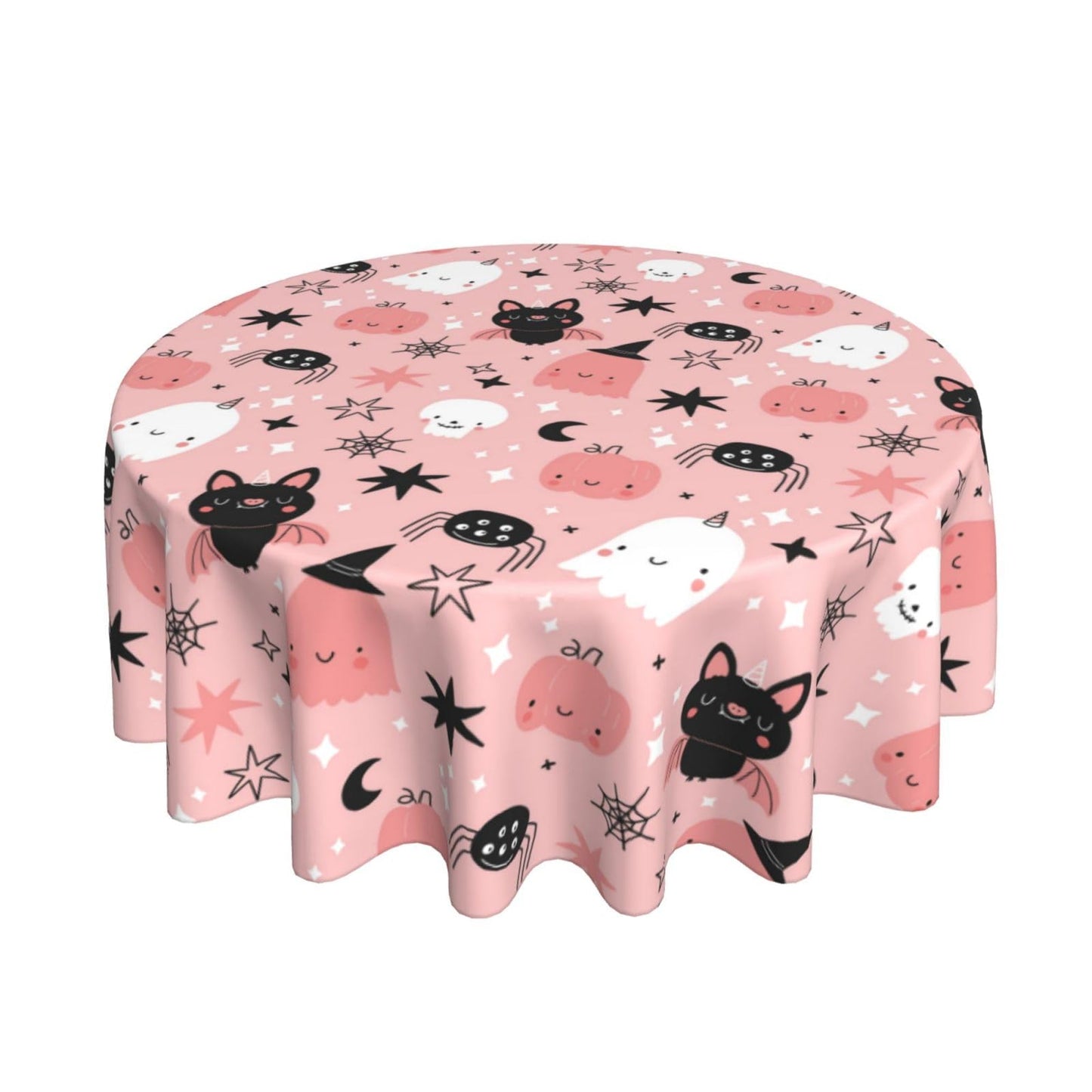 Kawani Halloween Pink Tablecloth Round 60 Inch Cute Ghost Pumpkins Decorative Table Cloth Washable Wrinkle Stain-Resistant Polyester Holiday Table Cover for Party Dinner Picnic Indoor Outdoor