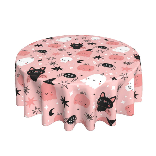 Kawani Halloween Pink Tablecloth Round 60 Inch Cute Ghost Pumpkins Decorative Table Cloth Washable Wrinkle Stain-Resistant Polyester Holiday Table Cover for Party Dinner Picnic Indoor Outdoor