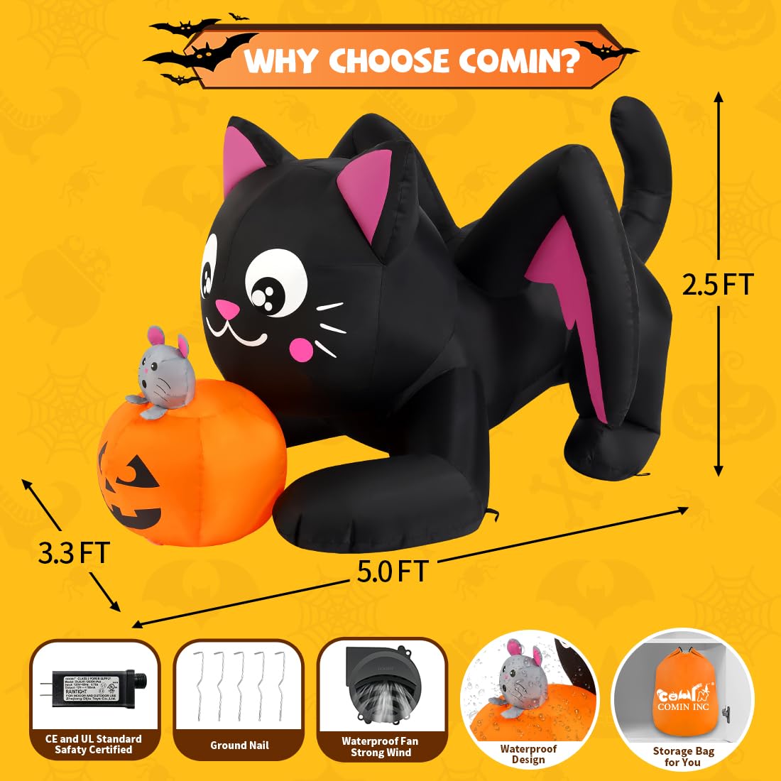 COMIN 5 FT Halloween Inflatables Cat Outdoor Decorations Blow Up Yard Pumpkin with Built-in LEDs for Indoor Party Garden Lawn Decor