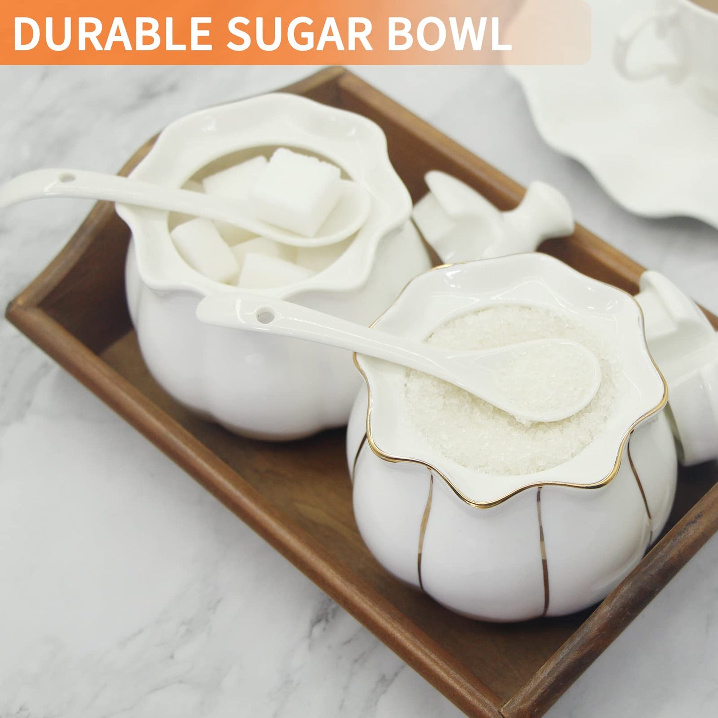 Kitchenexus Porcelain Sugar Bowl with Lid and Spoon 9.17oz/260ml Ceramic Sugar Bowl Sugar Container for Home Kitchen in Golden Edge Pumpkin Design