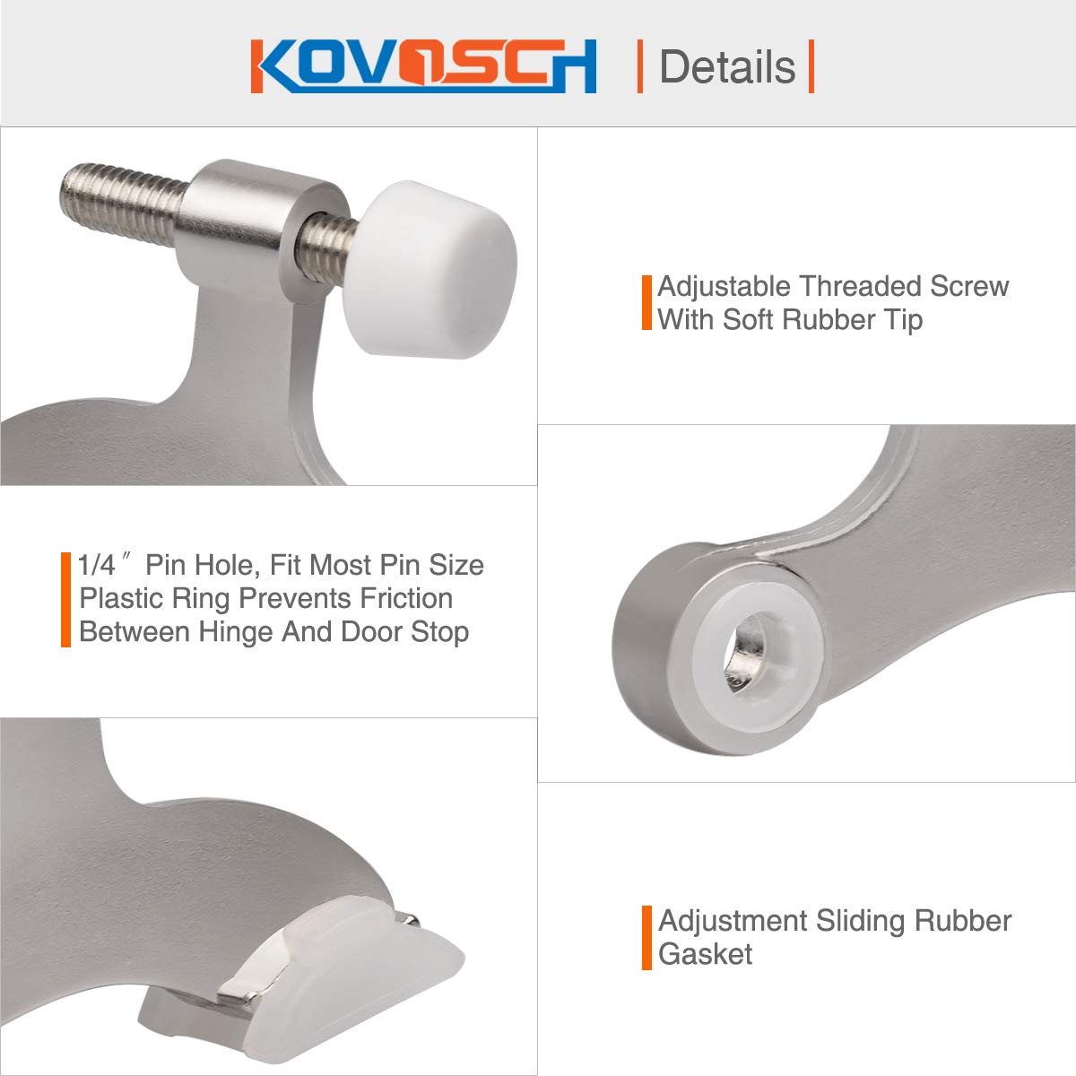 KOVOSCH 2 Pack Hinge Pin Door Stopper Brushed Satin Nickel - Adjustable Heavy Duty Hinge Pin Door Stop with White Rubber Bumper Tips