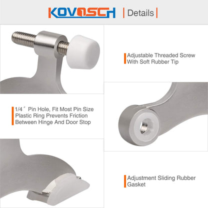 KOVOSCH 2 Pack Hinge Pin Door Stopper Brushed Satin Nickel - Adjustable Heavy Duty Hinge Pin Door Stop with White Rubber Bumper Tips