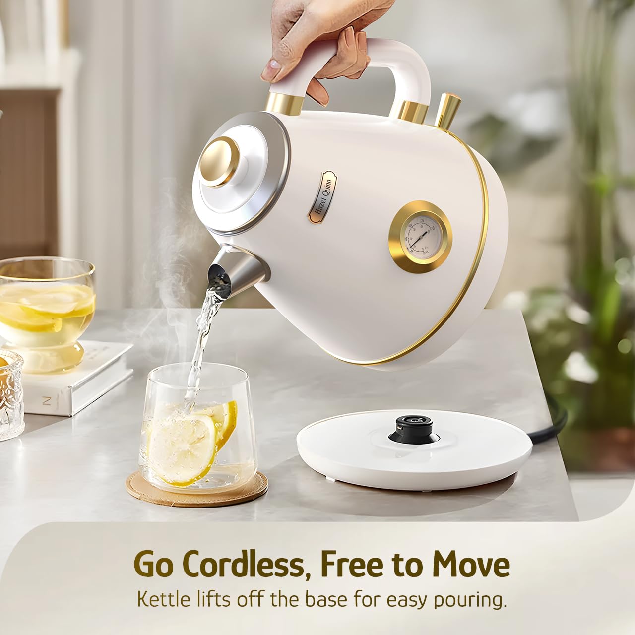 Hazel Quinn Retro Electric Kettle - 1.7 Liters / 57.5 Ounces Tea Kettle with Thermometer, All Stainless Steel, 1200 Watts Fast Boiling, BPA-free, Cordless, Automatic Shut Off - Pearl White