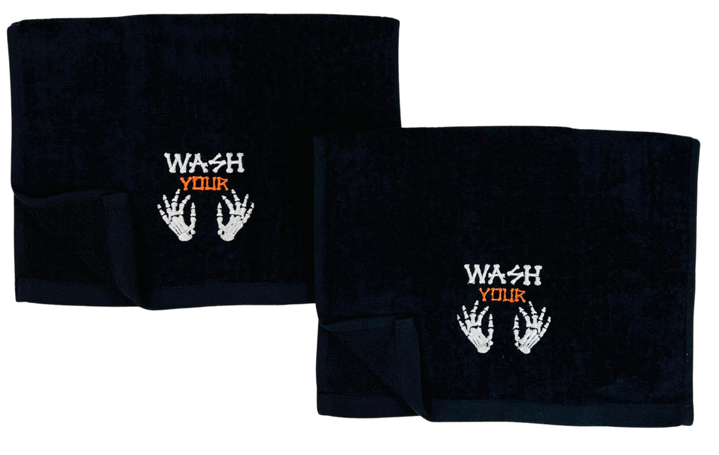 Halloween Fingertip Bathroom Towels Set of 2 – 12" x 18" Black 100% Cotton with Funny “Wash Your Hands or Bones” Design – Spooky & Humorous Bathroom and Kitchen Decor