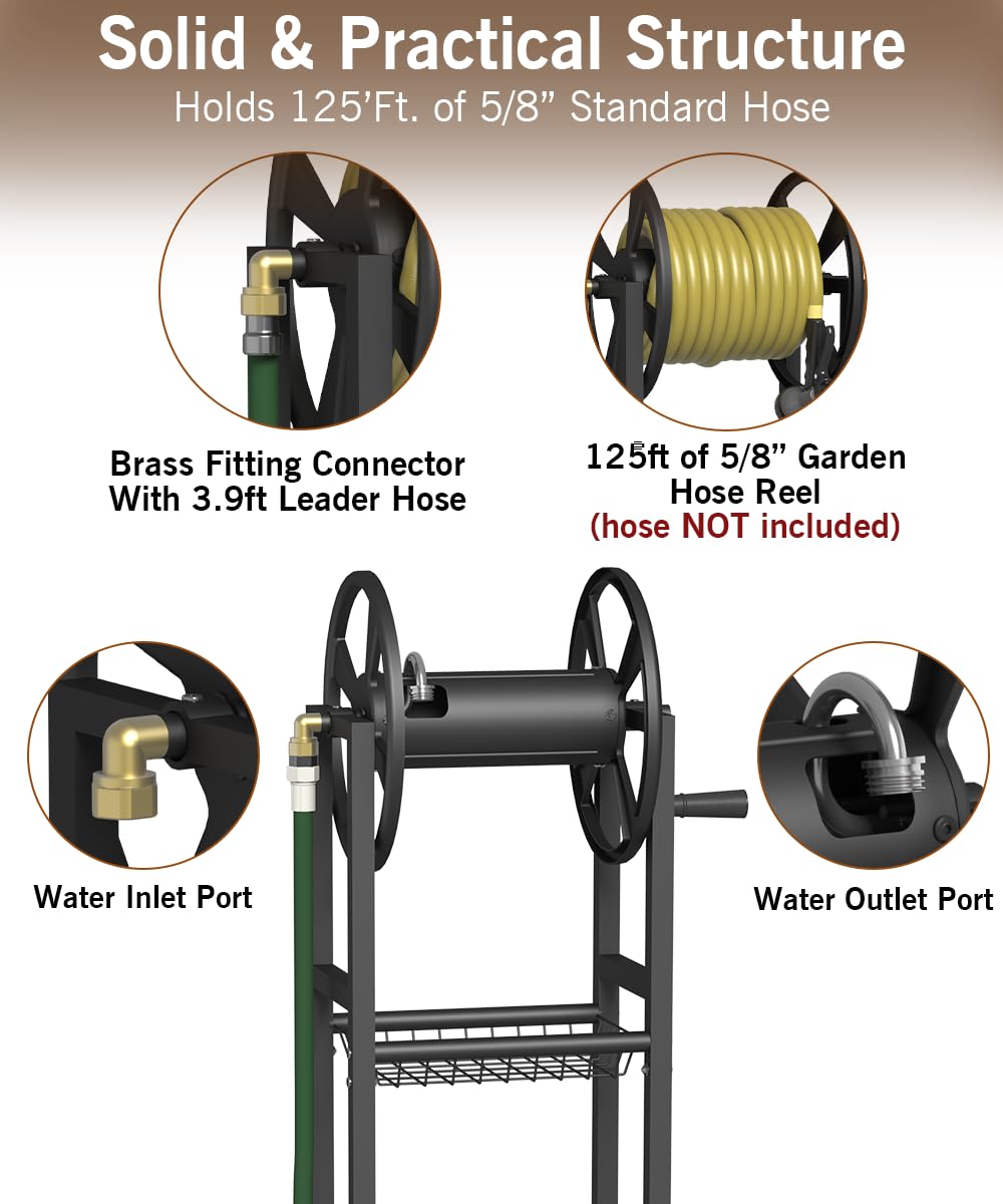 Garbuildman Ground Mount Garden Hose Reel Holds 125 Feet of 5/8-Inch with 3.9 ft Leader Hose, Brass Fitting, Water Hose Holder Stand with Storage Rack & 4 Spikes Base for Outdoor Lawn, Black
