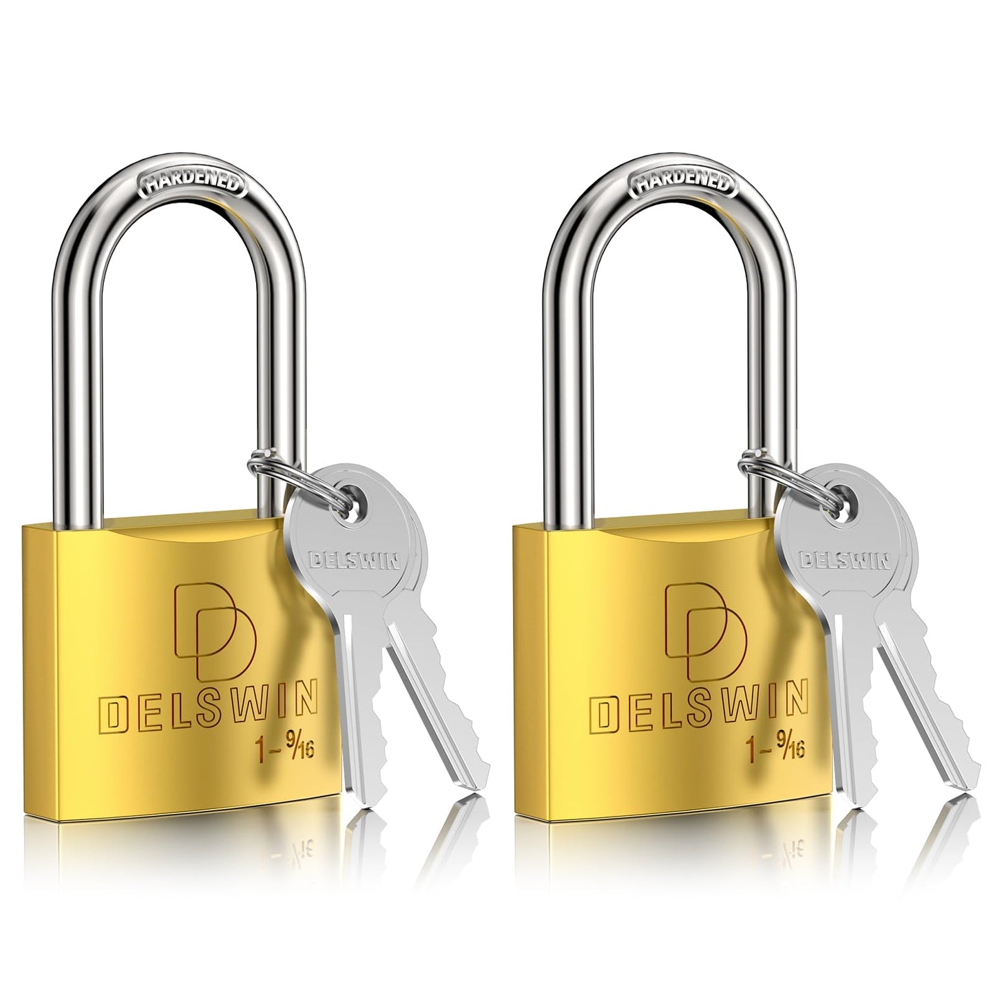 DELSWIN Weatherproof Padlock with Key (Keyed Alike) - Heavy Duty Solid Brass Locker Lock with 1-9/16" Long Shackle, Marine Grade Pad Lock for Outdoor Gate, Fence, Shed (2 Pack)