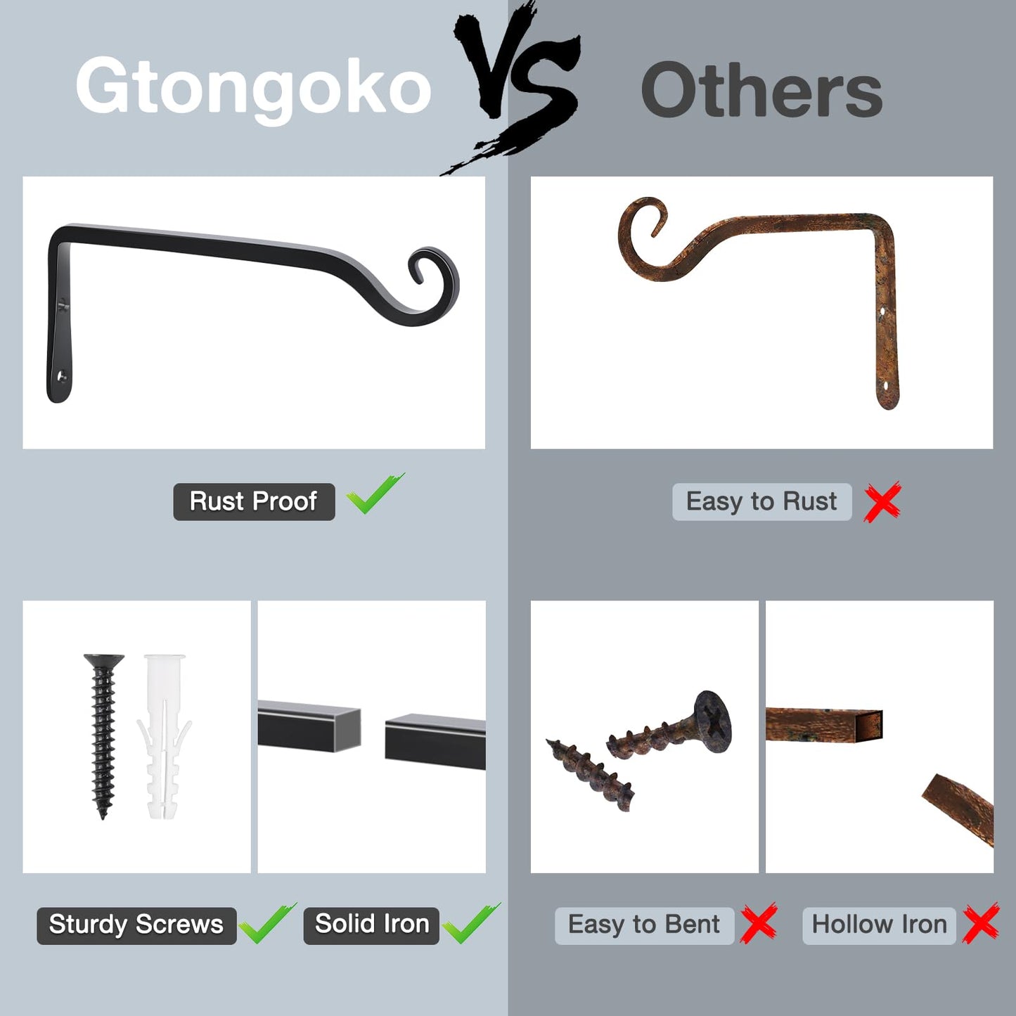 Gtongoko 2 Pack 10 Inch Metal Plant Hangers Wall Hooks for Hanging Plant Brackets, Outdoor Hooks for Hanging Bird Feeders, Flower Baskets, Lanterns, Wind Chinme, Solar Lamps