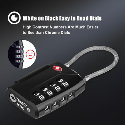 Diyife TSA Luggage Locks, [Upgrade Version][2 Pack] TSA Approved Suitcase Lock 4-Digit Re-settable Combination Lock, Cable Backpack Locks, Code Lock for Travel Suitcase Luggage Bag Lockers (Black)