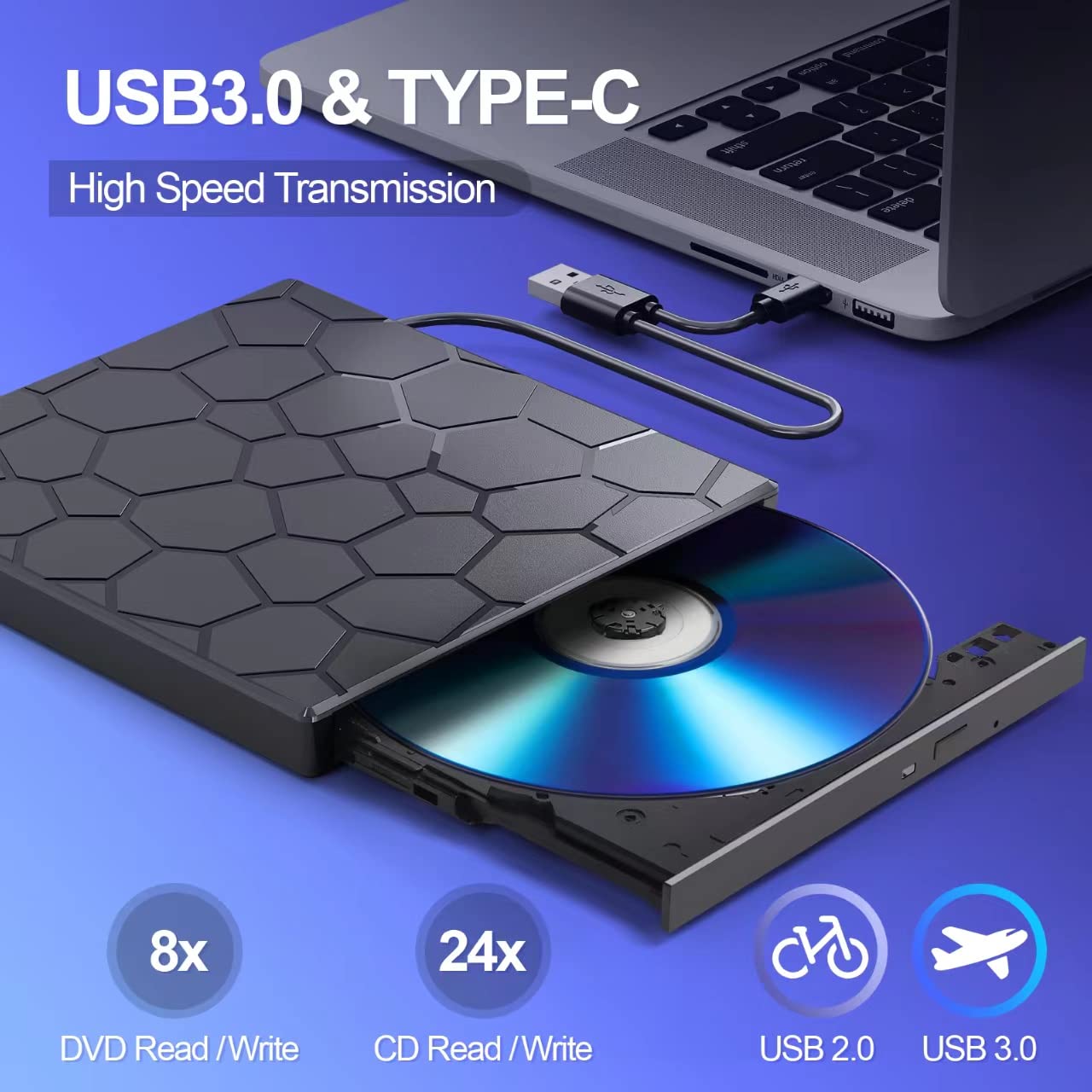 External CD/DVD Drive for Laptop, DVD Player for Laptop, 8 in 1 USB 3.0 Ultra-Slim Portable, CD Burner External Disk Drive Optical Compatible with Desktop Mac,Windows 11/10/8/7 Linux