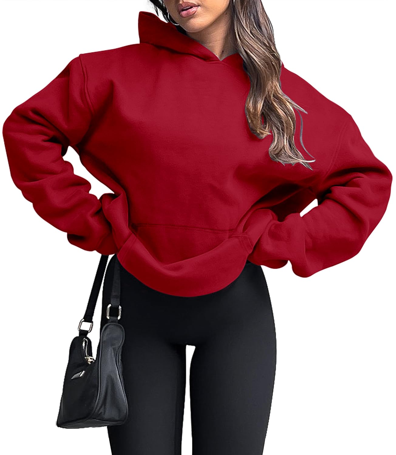 onlypuff Hoodies for Women Red Oversized Sweatshirts Hooded Pullover Casual Workout Soft Fall Fashion Outfits Winter Clothes L