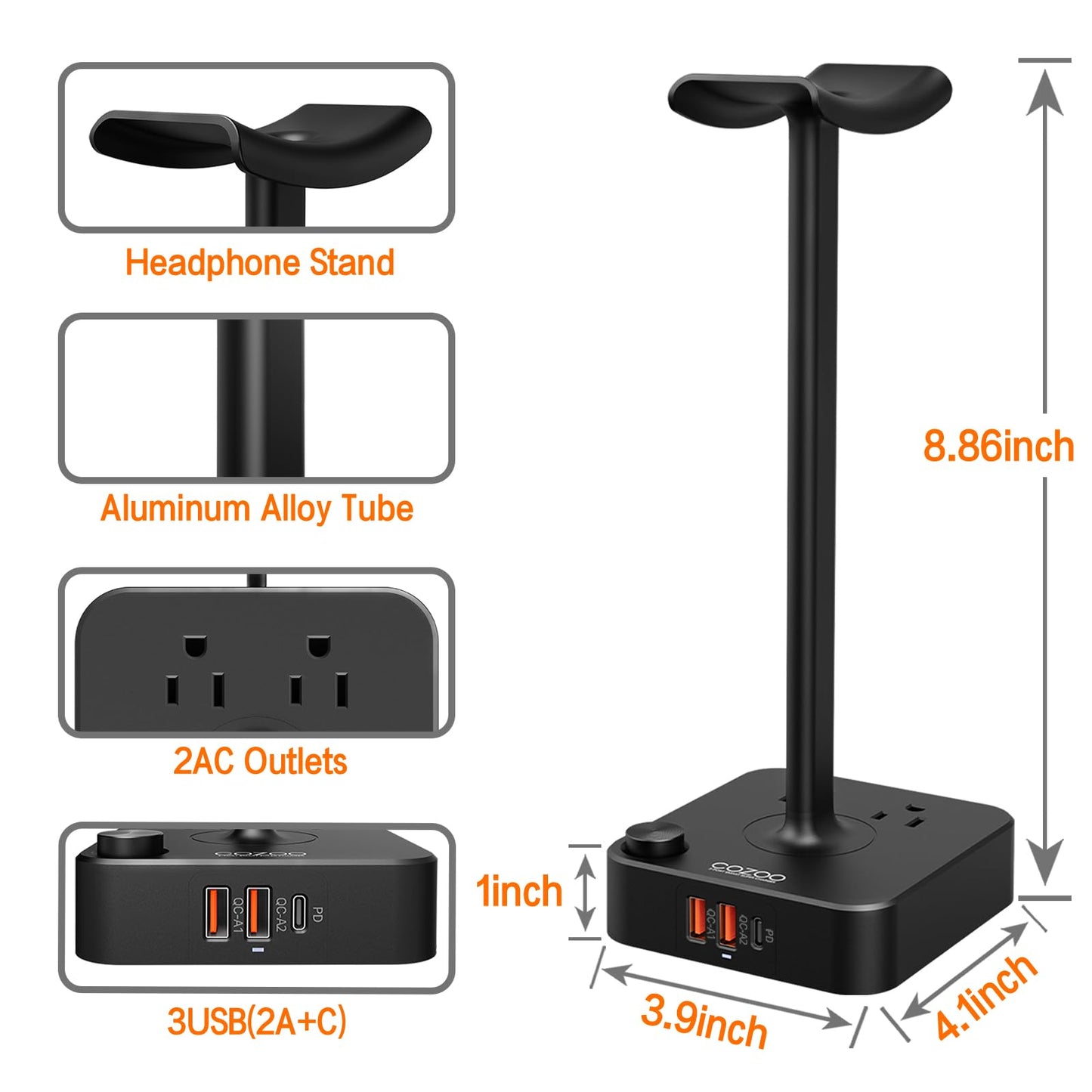 COZOO Headphone Stand with USB Charger Desktop Gaming Headset Holder Hanger with 3 USB Charging Station and 2 Outlets Power Strip,Suitable for Gaming, DJ,Wireless Earphone Display, Gamer Gifts for Men