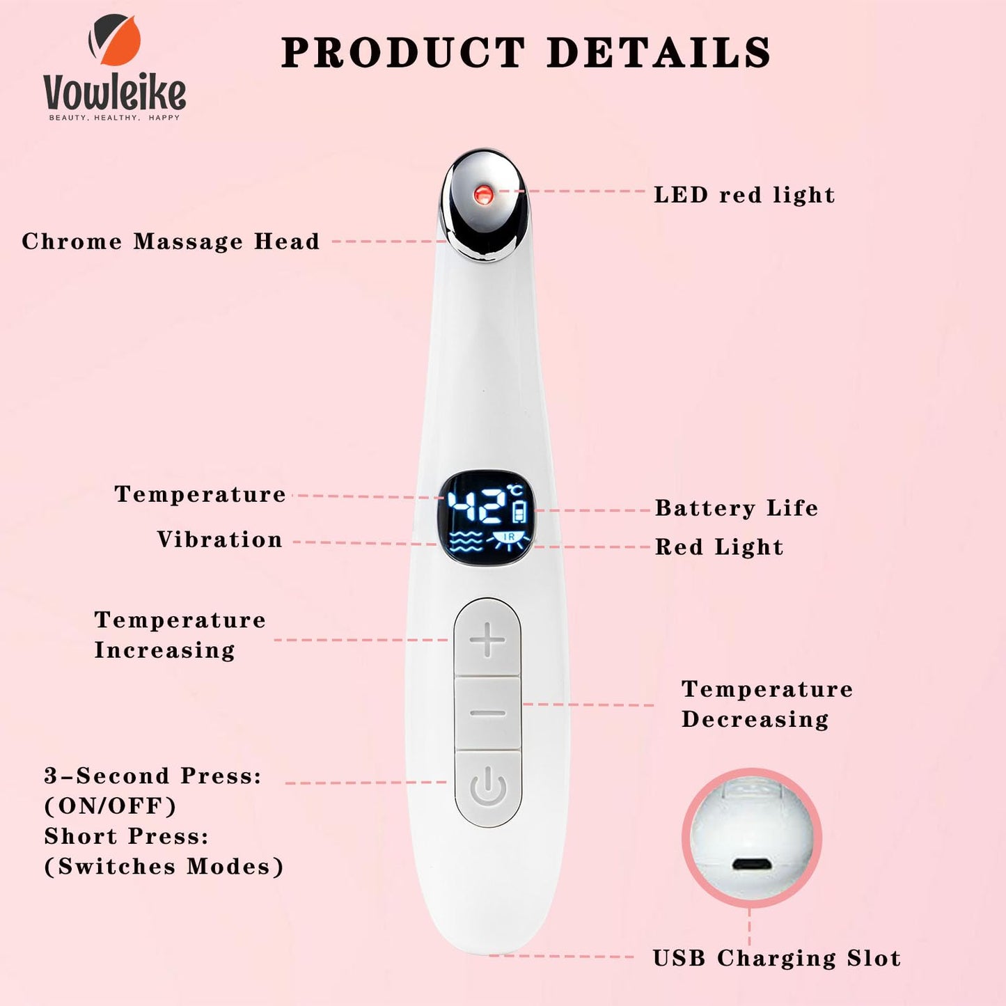 Vowleike Eye Lift Wand, 3 in 1 Vibrating Red Light 98°F to 113°F LCD Display Eye Massager for Dry Eyes, Dark Circles and Puffiness, Electrical Face, Neck Sculpting Pen for Fine Lines and Wrinkles