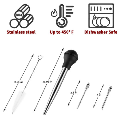 JY COOKMENT Stainless Steel Turkey Baster Baster Syringe for Cooking Meat Injector Set with 2 Marinade Needles 1 Cleaning Brush for Home Baking Kitchen Tool