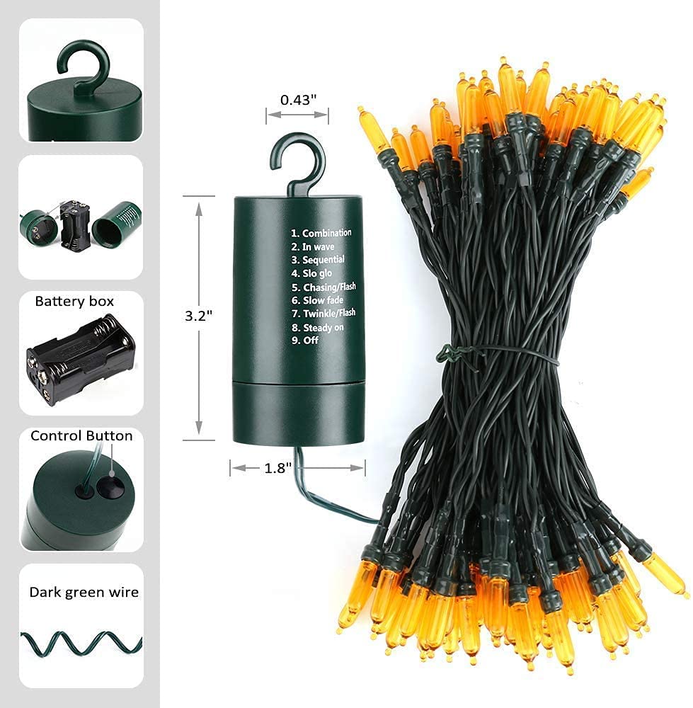 Joomer Orange Halloween Lights, 33ft 100 LED Battery Operated Mini String Lights Waterproof with 8 Modes & Timer Function for Halloween Decorations