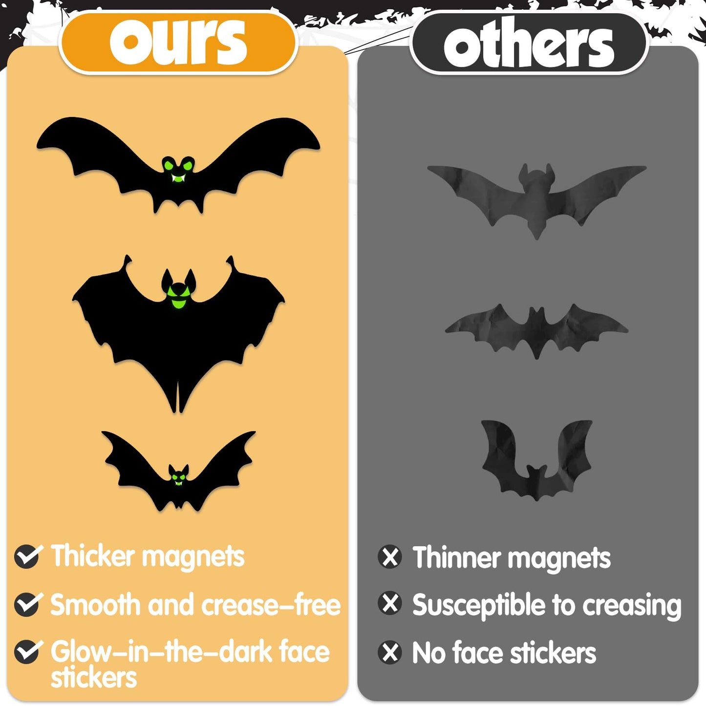 24pcs Halloween Decorations Outdoor Magnetic Bats for Garage Door Decorations with Glowing Eye Stickers Fridge Car Decor