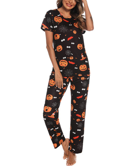 EISHOPEER Women's Halloween Pajama Set Printed Short Sleeve Top & Long Pants Sleepwear Pjs Sets Black XS