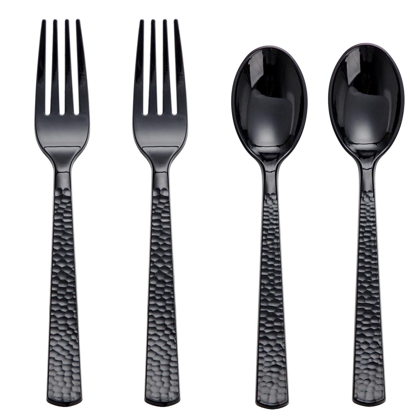 KIRE 400PCS Black Plastic Spoons and Forks Disposable - Black Plastic Silverware Set Disposable Cutlery - 200 Forks, 200 Spoons for Halloween Party/Wedding