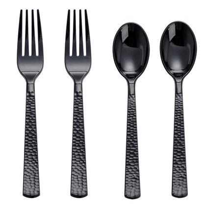 KIRE 400PCS Black Plastic Spoons and Forks Disposable - Black Plastic Silverware Set Disposable Cutlery - 200 Forks, 200 Spoons for Halloween Party/Wedding