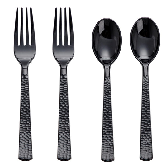 KIRE 400PCS Black Plastic Spoons and Forks Disposable - Black Plastic Silverware Set Disposable Cutlery - 200 Forks, 200 Spoons for Halloween Party/Wedding
