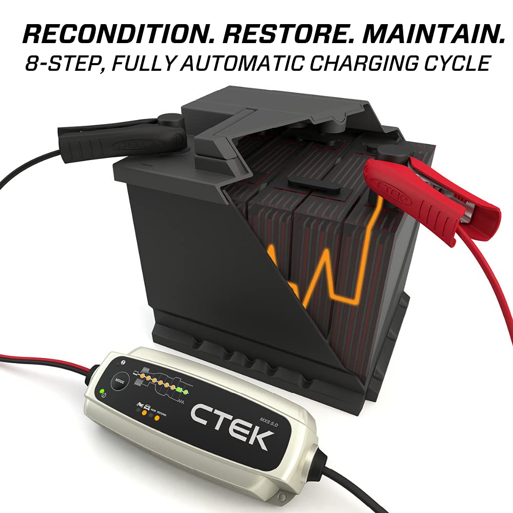 CTEK MXS 5.0, Fully Automatic 12V 4.3 Amp Battery Charger and Maintainer, Unique 8 Step Charging, Simple Plug and Play Operation, Desulphation Function with Built-in Temperature Compensation