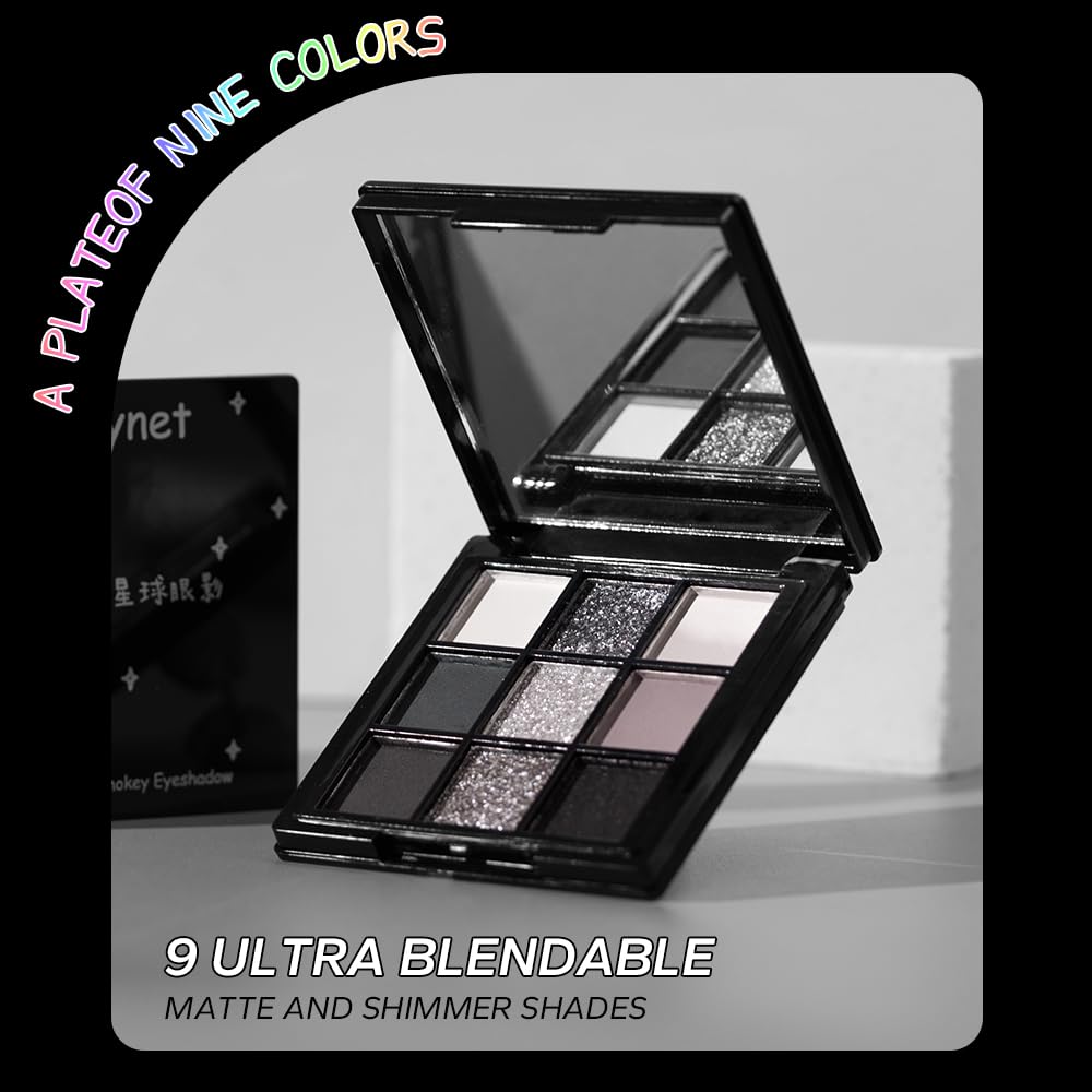 9 Color Smokey Eyeshadow Palette - Highly Pigmented Matte & Glitter Shades, Long-Lasting, Waterproof & Blendable, Black Silver Gray Eyeshadow Set for Sultry Glam (Reversal Star Smokey)