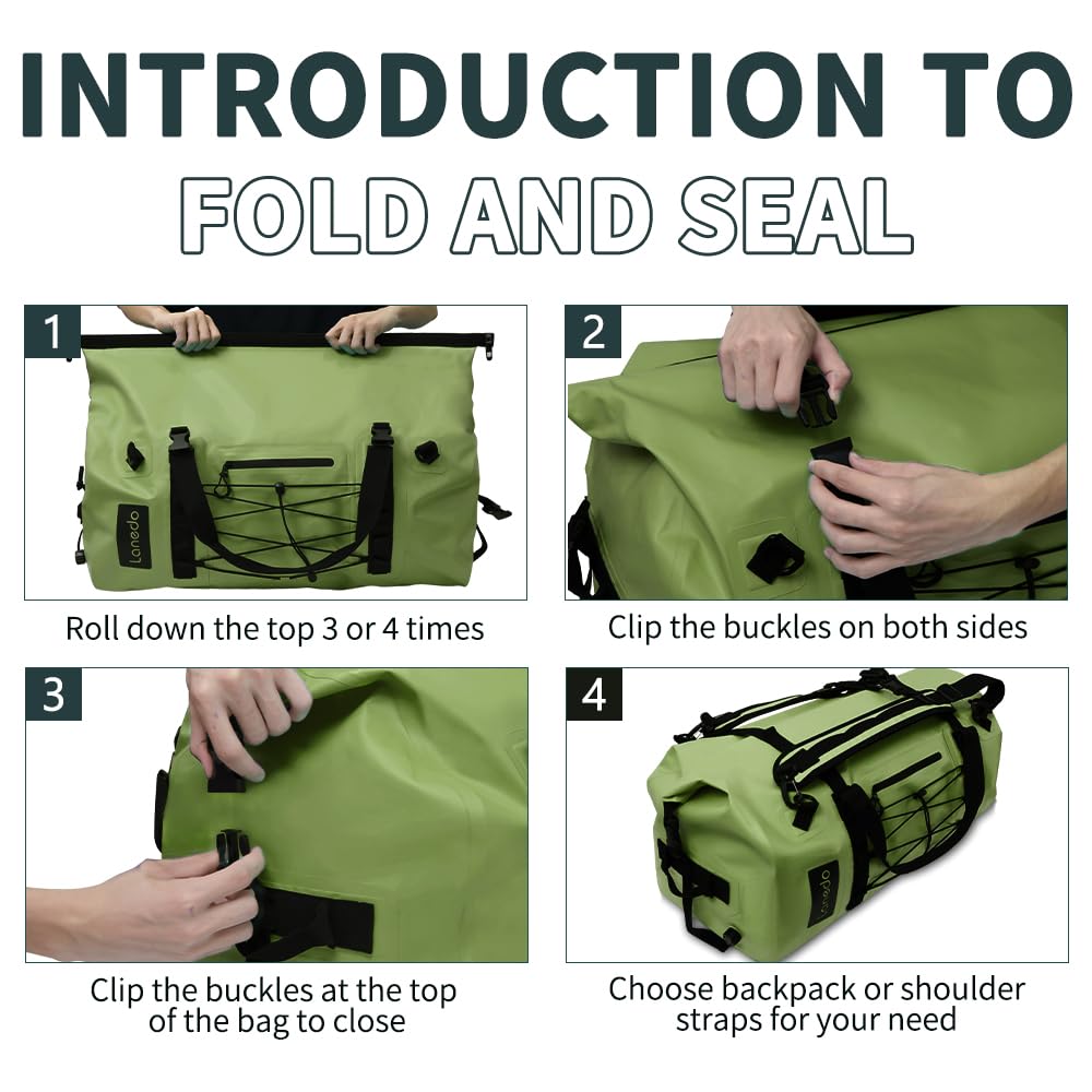 Lanedo 80L Dry Bag Large Waterproof Bag Roll-Top Heavy Duty Fishing Duffel Bag with Durable Straps & Handles for Kayaking Paddle boarding Boating Rafting Fishing Canoeing Camping (Green)