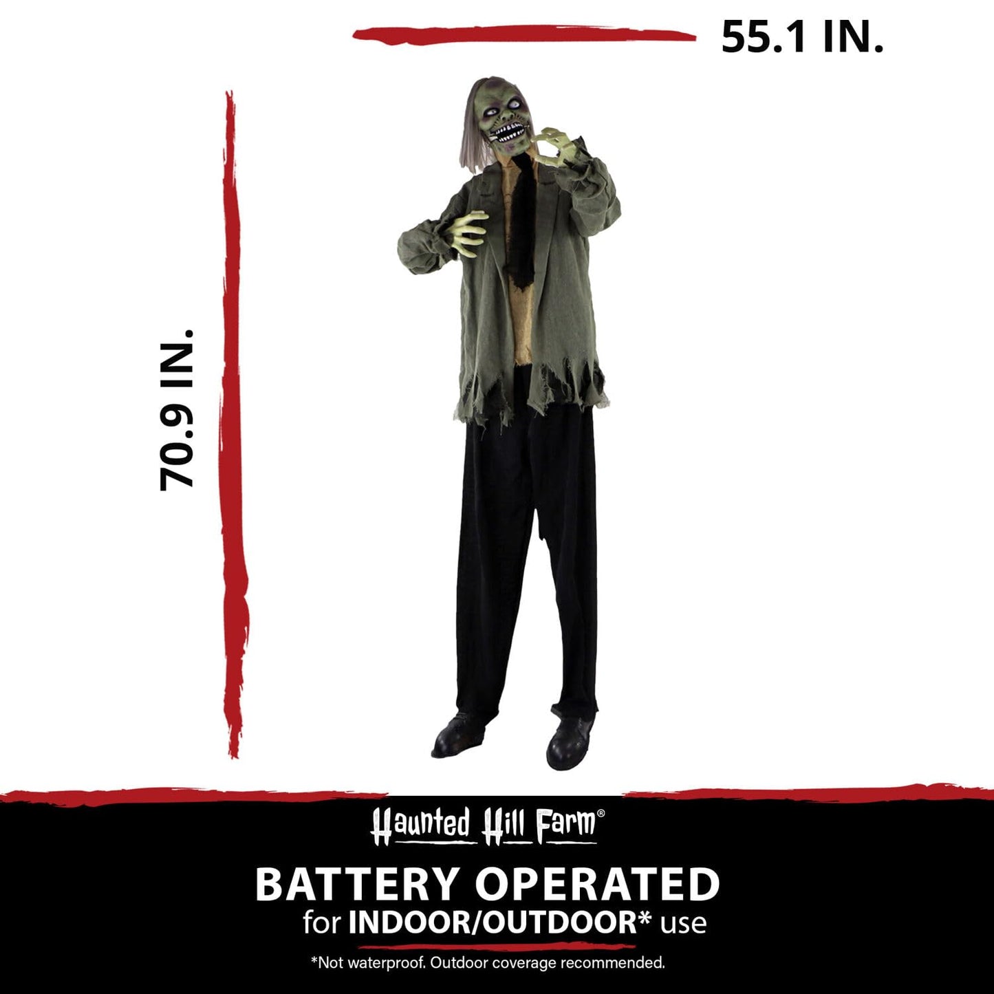 Haunted Hill Farm Life-Size Scary Talking Zombie Halloween Animatronic with Touch Activated Lights and Sound, Battery Operated Indoor or Covered Outdoor Halloween Decorations, Creepy Halloween Props