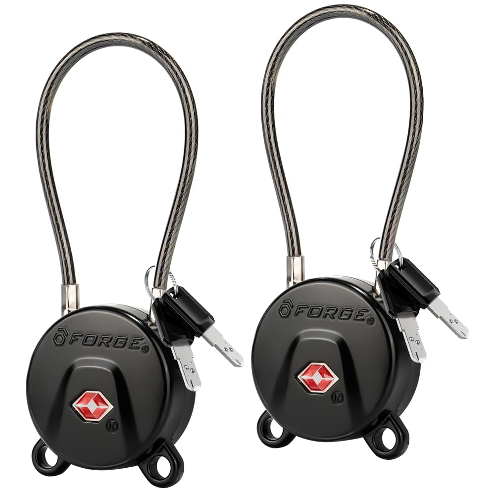 Forge TSA Approved Luggage Locks Ultra-Secure Dimple TSA006 Key Travel Locks with Zinc Alloy Body- Black 2 Cable Locks