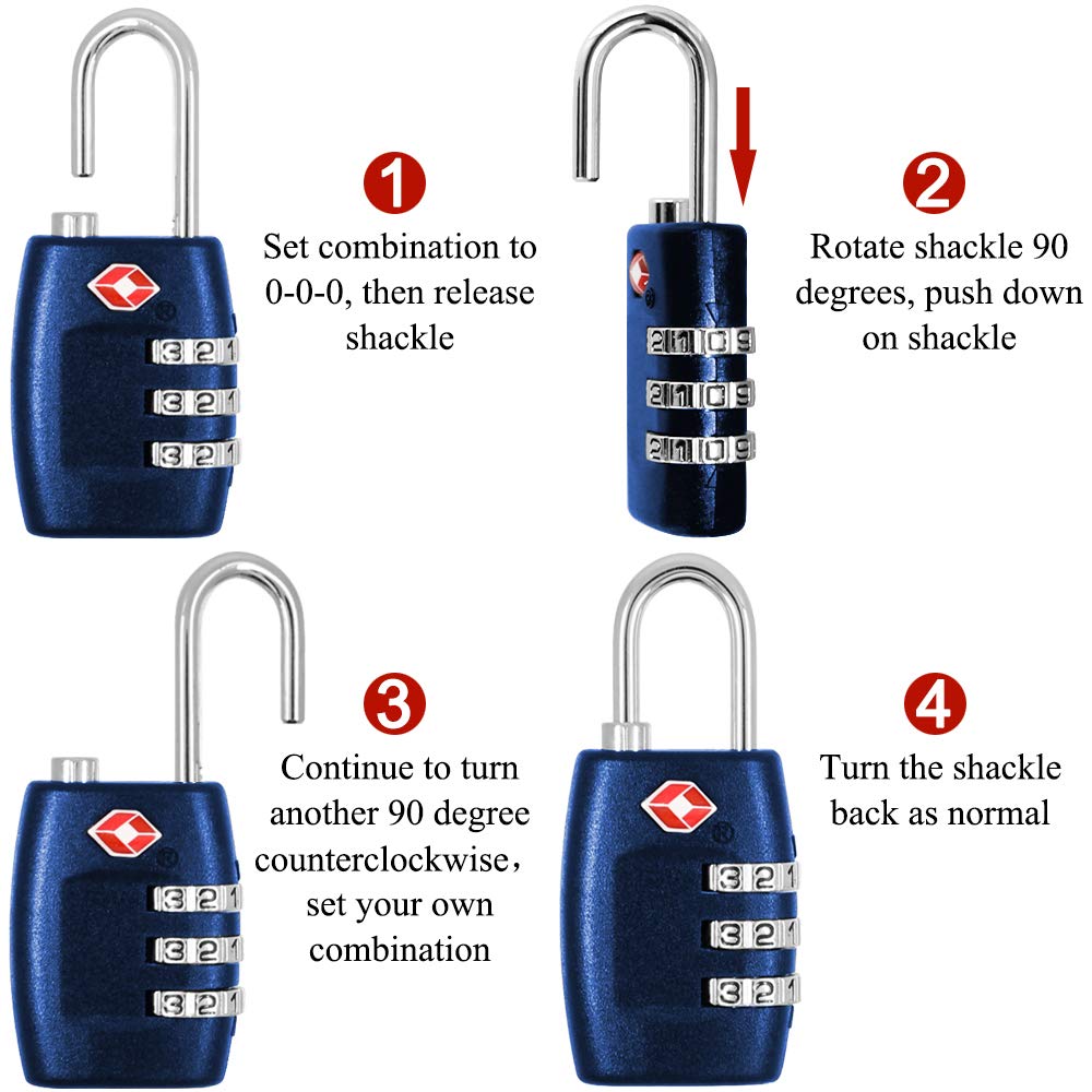 DanziX TSA Approved Lock and 4 Colors Stainless Steel Safety Tether，3-Dial Combination Travel Luggage Lock with Lanyard Security Cable for Protect Your Different Sizes of Suitcase,Baggage-Deep Blue