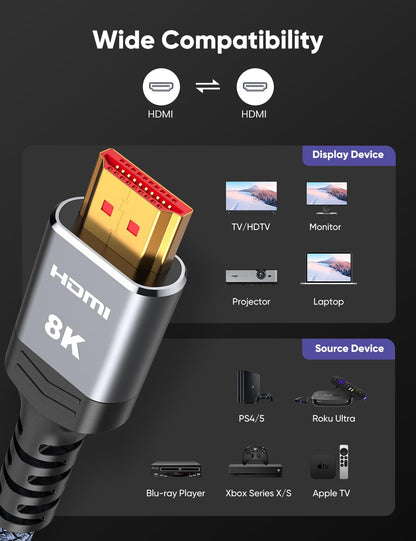 10K 8K HDMI 2.1 Cable 2-Pack 6.6FT, Highwings Certified 48Gbps Ultra High Speed Slim HDMI Cord,Support 4K@120Hz 8K@60Hz, HDCP 2.2&2.3, Dynamic HDR,eARC,DTS:X, Compatible with Roku TV/HDTV/PS5/Blu-ray