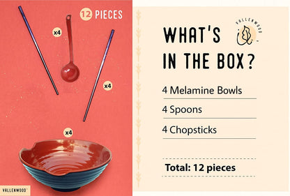 4 XL Ramen bowl set. 12 Pieces Pho Bowls. Asian Japanese soup. Utensil: Spoons and Chopsticks kit. Melamine, Large 52 oz. Noodles, Rice, Udon, Thai, Chinese, Korean, Udon, Wonton, Miso, 9 inch