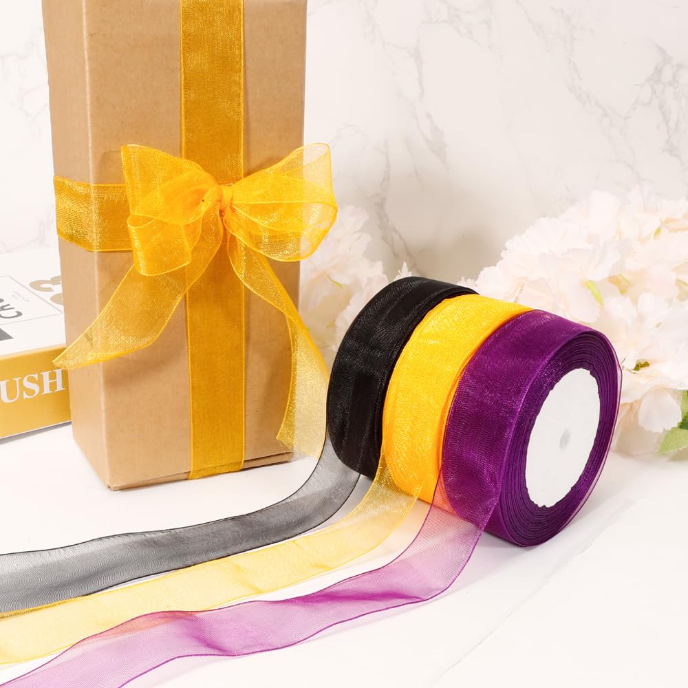 3PCS Halloween Ribbon - 1 Inch, 150 Yards Sheer Wrapping Ribbon for Gifts, Crafts, Party Favors & Flower Bouquets