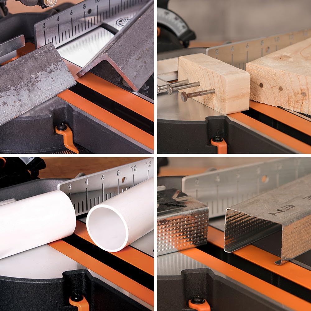 Evolution Power Tools R185SMS+ Sliding Miter Saw with Multi-Material Cutting, 45 Degree Bevel, 50 Degree Miter, 210 mm Slide, Blade Included Cuts Wood Plastic Metal & More, 7-1/4"