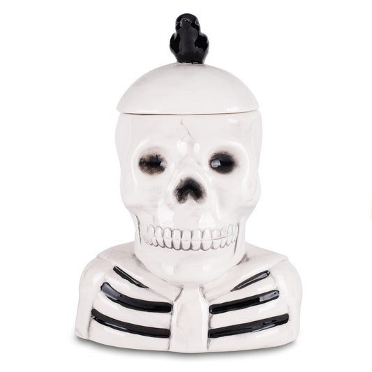 100 North Dolomite Ceramic 12 x 8.5 Halloween Cookie & Candy Jar with Airtight Lid: Perfect for Kitchen Canisters, Pet Treat Containers & Fall Decorative Candy Dish, Skeleton with a Crow