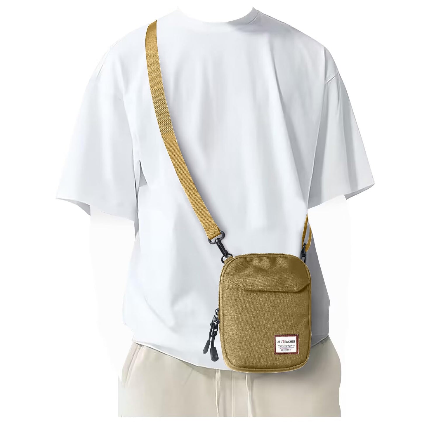 Khaki Mini Crossbody Bag - Small Shoulder Bag For Men & Women, Travel Wallet & Passport Holder, Phone Purse, Unisex Mini Messenger Satchel, Fanny Pack & Neck Pouch With Headphone Jack