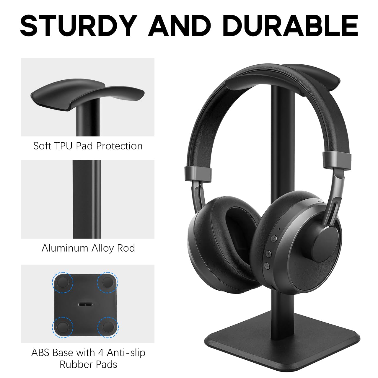 JIKIOU Headphone Stand Gaming Headset Holder Universal Aluminum Metal Headphones Holder Hanger with Aluminum Supporting Bar Flexible Headrest ABS Solid Base for All Headphone 2 Pack (Black)