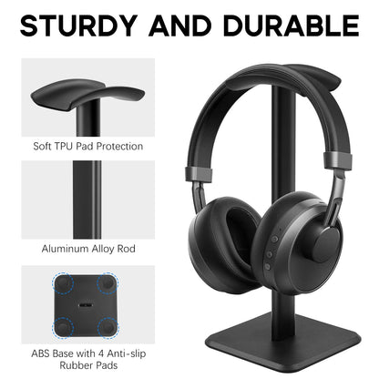 JIKIOU Headphone Stand Gaming Headset Holder Universal Aluminum Metal Headphones Holder Hanger with Aluminum Supporting Bar Flexible Headrest ABS Solid Base for All Headphone 2 Pack (Black)