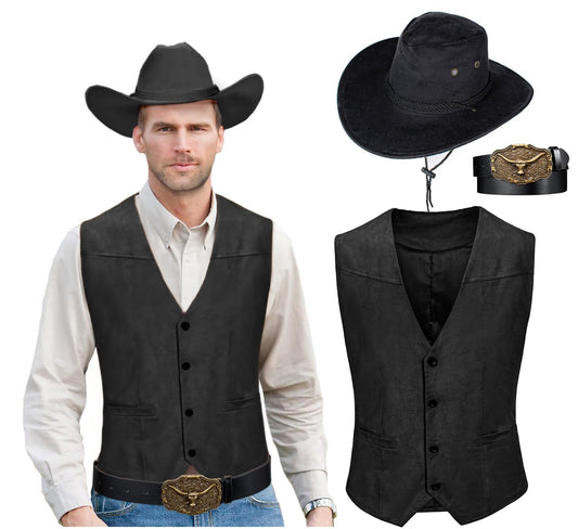 KAIPUTE Western Cowboy Costume Men's Vest Hat Belt for Adult Halloween Party Cosplay Black