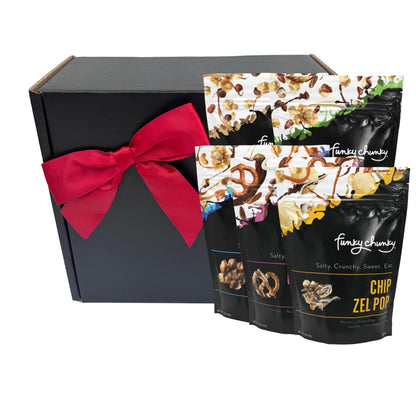 Funky Chunky | Gourmet Chocolate Popcorn Gift Box | Caramel, Nutty Choco Pop, PB Cup, Chip Zel Pop, Choc Prezel Flavors | 5oz Bags (5) Gift Box