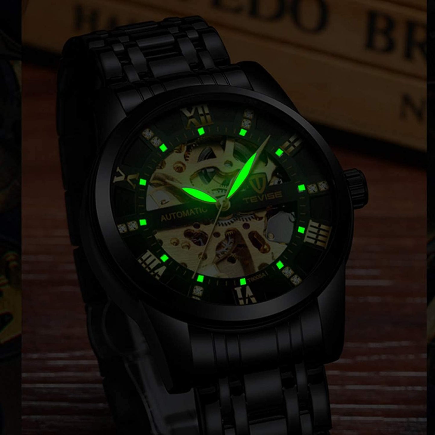 Dentily Mechanical Men's Watch Stainless Steel Skeleton Automatic Watch Waterproof Business Watches for Men